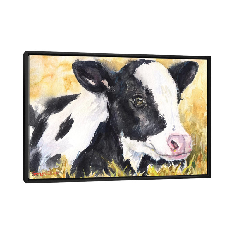 «Cow Baby», reproduction sur toile, H 18 po x l 26 po x P 1,5 po, Toile avec cadre noir, Pas de tapis
