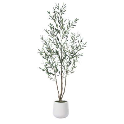 AdcockFaux Olive Tree with Round White Planter, Pre Potted Fake Greenry Olive Plant for Home Decor