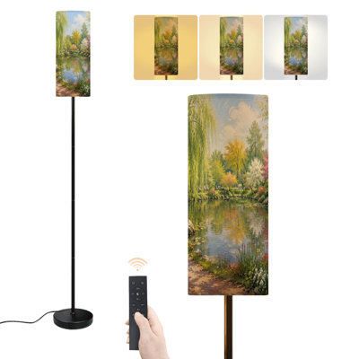 Floor Lamp Serene Spring Garden Blossoming Trees Reflective Pond Dimmable Modern Standing Lamp with Remote Control Footswitch Bulb Lampshade Tall Pole