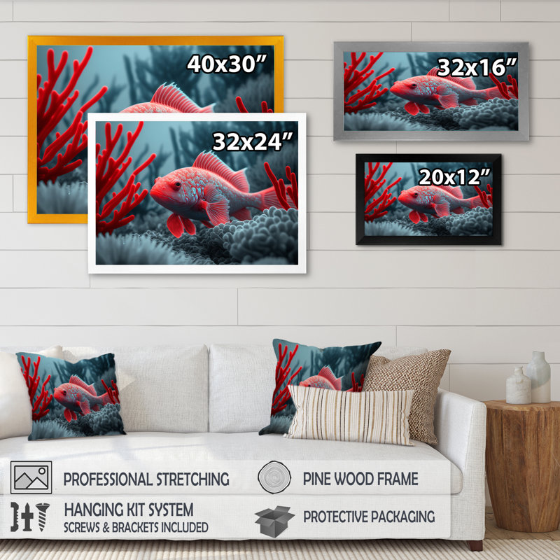 «Muallaly Tropical Fish in Blue and Red II», reproduction sur toile, L 20 po x H 12 po, Impression noire sur toile encadrée