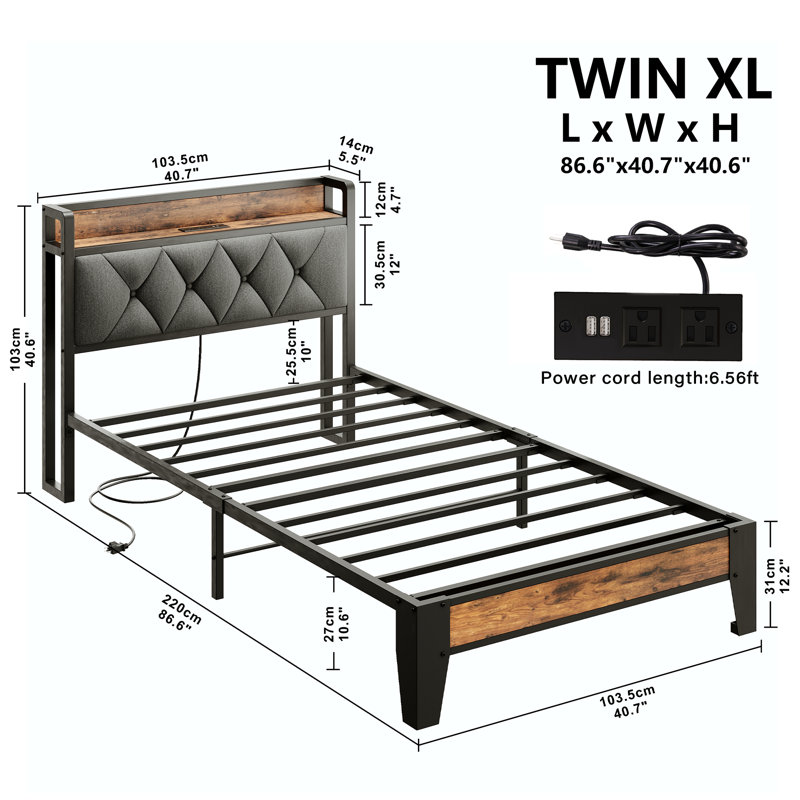 Twin XL Platform Bed Frame, Storage Headboard Shelf with Built-in Outlet, Easy Assembly, Perfect for Dorms, Gray