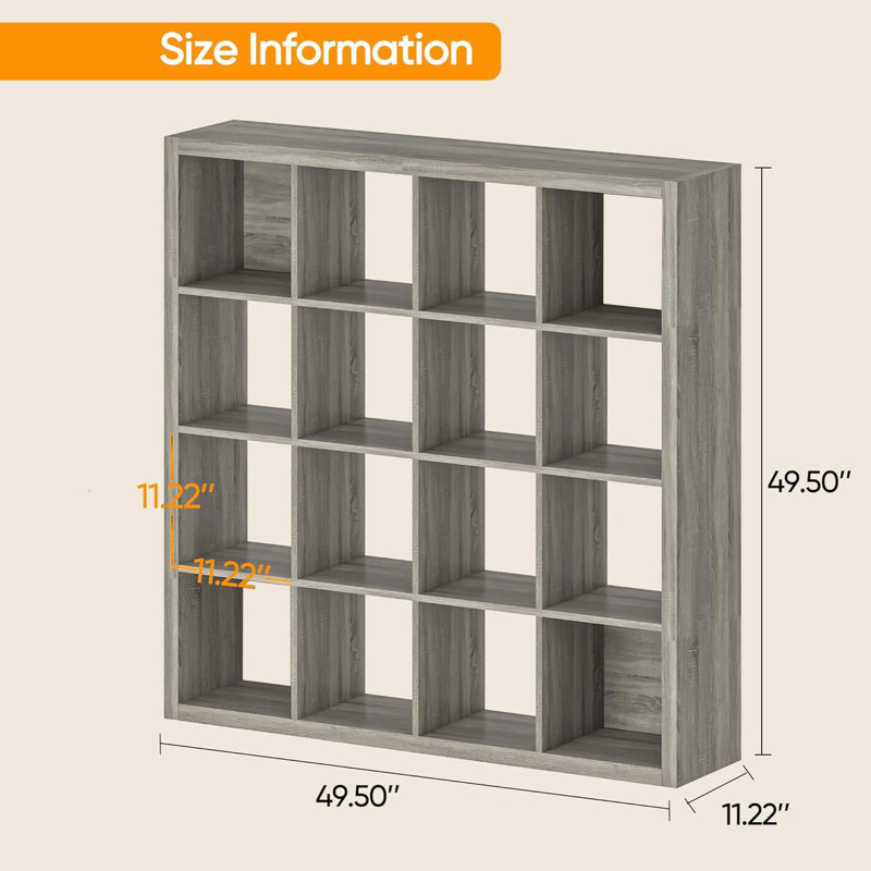 Bookshelf with Storage Bins, 16-Cube Storage Organizer Wooden Bookcase Open Book Shelf, Grey Oak