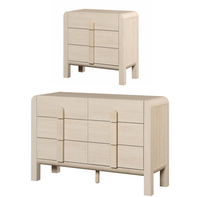 2 Pcs Bedroom Set,6 Drawer Dresser And Nightstand Set For Bedroom, Double Dresser With Curved Profile Design, Wood Chest Of Drawers Mid Century Storag