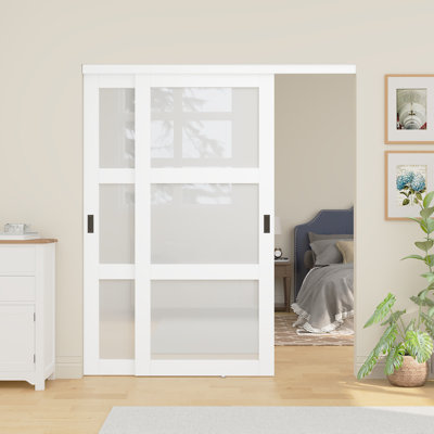 72"Wx80"H  3-Lite Frosted Glasses Pantry Closet Sliding Door With Hardware Kit Privacy-Enhancing, Perfect for Pantries, Closets & Bedrooms