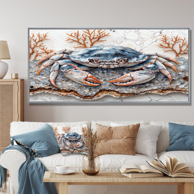 Aquarium Blue And White With Large Crab II - Crab Framed Wall Art
