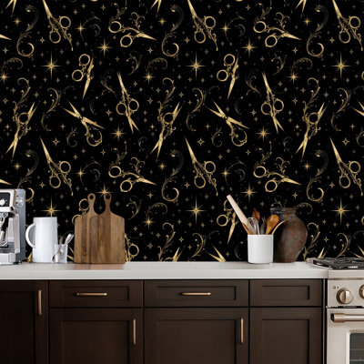 Golden Scissors Peel and Stick Wallpaper Dark Gold Glitter Sparkles Removable Self-Adhesive Wall Covering Waterproof Accent Wallpaper Roll for Barber Shop Beauty Salon 17.5" x 118"