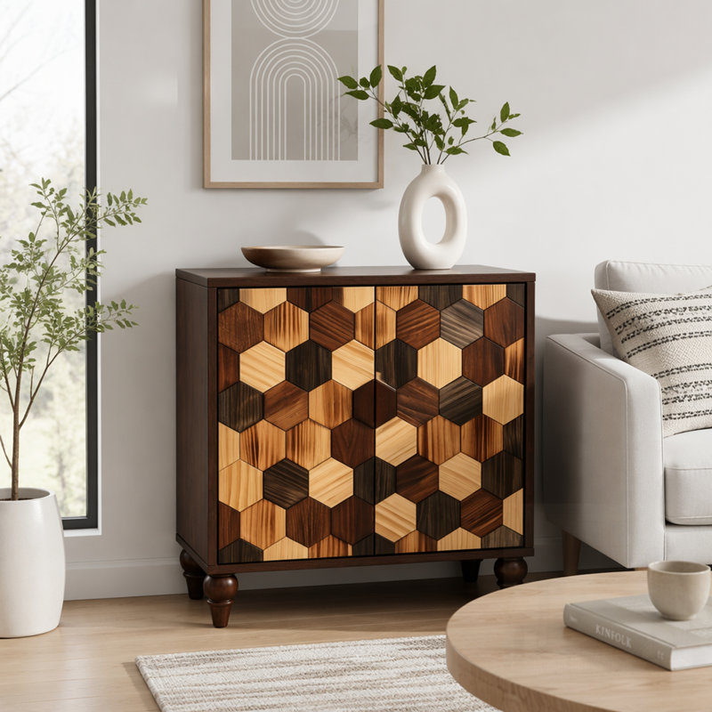 Buffet Honeycomb, armoire d'appoint moderne avec fabrication en bois durable et rangement polyvalent, Antique brown