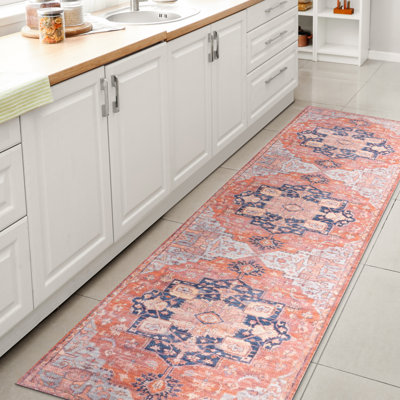 Ville Ornate Medallion Machine-Washable Terracotta/Navy Rug