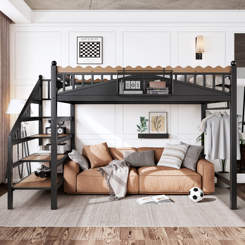 Full Metal Loft Bed with Storage Stairs, Storage Shelves, and Bookshelf, Loft Bed for Bedroom, Guest, or Dorm, Black, Full