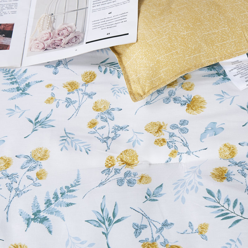 Ensemble d'édredon réversible en coton standard bleu / jaune / blanc , Grand + 2 taies décoratives standard