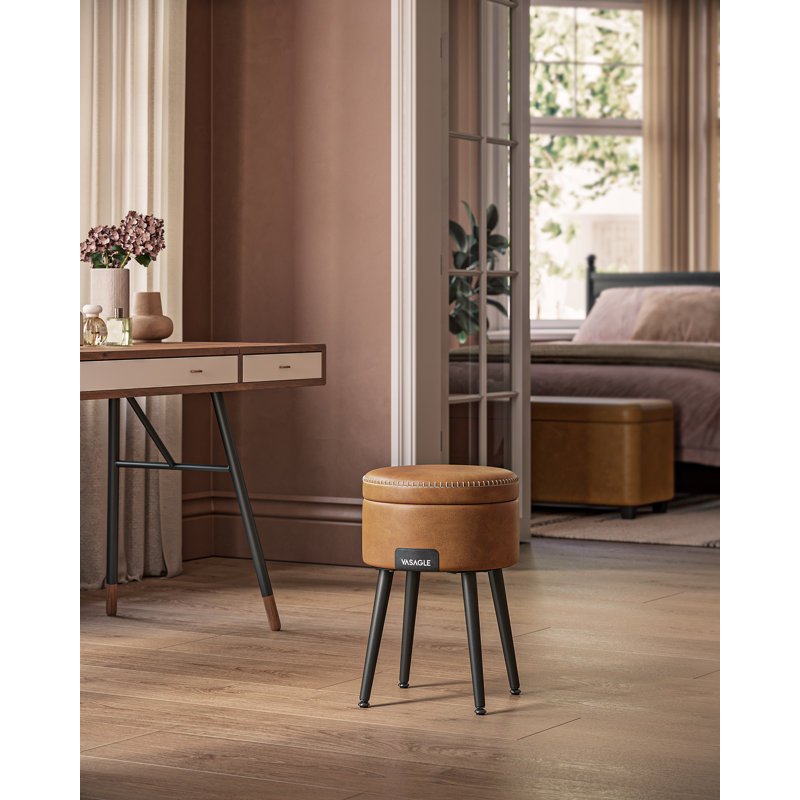 Synthetic Leather Round Ottoman With Storage, Brown Leather