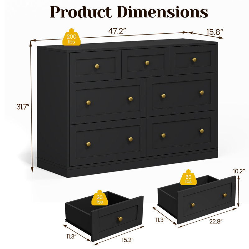 Commode 7 tiroirs pour chambre à coucher, Noir