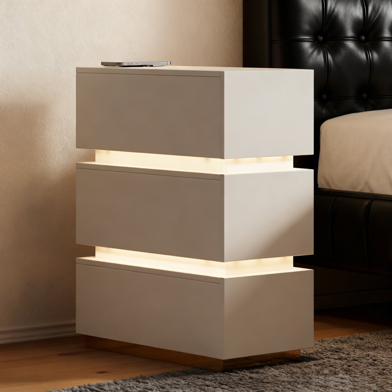 Modern Narrow 3 Drawer Nightstand with LED Lights & Wireless Charging Station  for Small Spaces, White