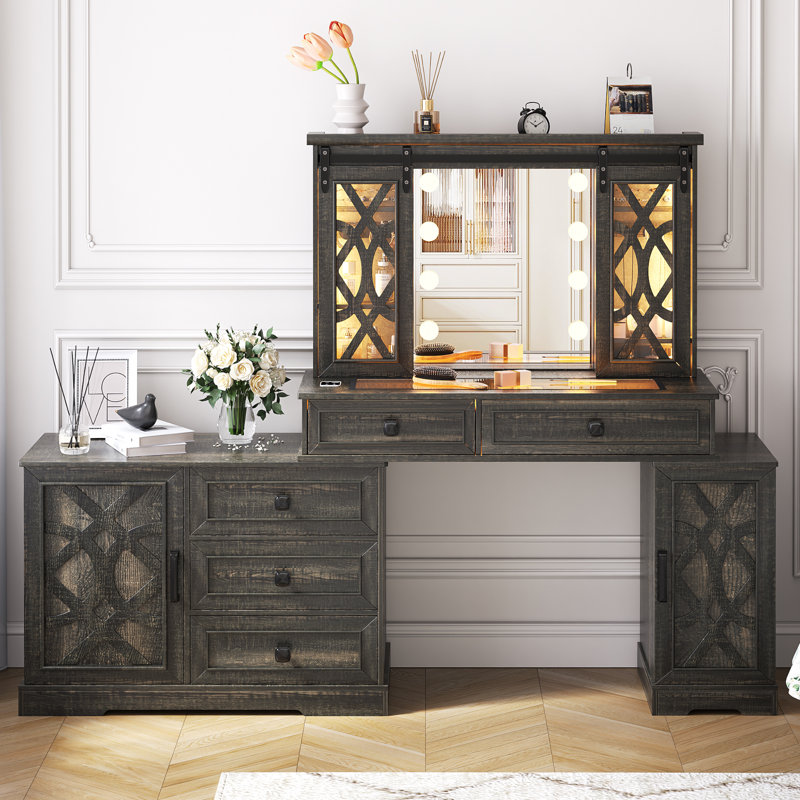 Makeup Vanity with Light and Storage Cabinet, Rustic Brown