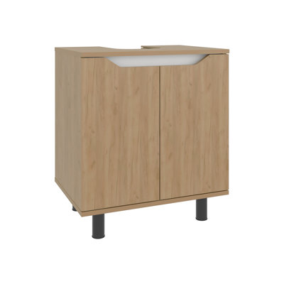Armoire sous l'évier Marlo avec deux portes et tablettes de rangement intérieures, arrière découpé, rangement autoportant et moderne pour salle de bain (robinet non inclus)