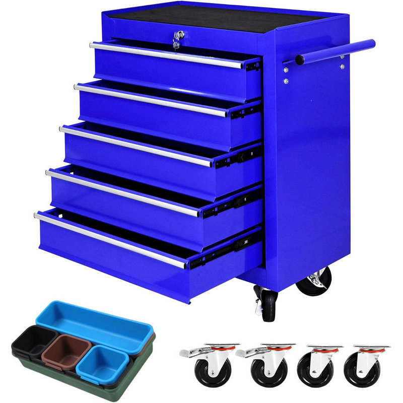 Coffre à outils à 5 tiroirs avec 7 plateaux de rangement et roues, chariot à outils roulant pour atelier de garage, Bleu