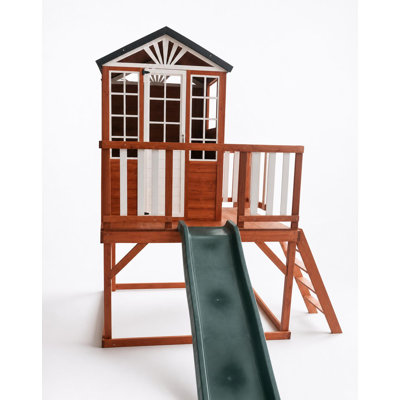 Maisonnette pour enfants en bois de cèdre surélevé de 2 étages avec glissoire, bac à sable et escabeau, maisonnette pour enfants de 3 à 12 ans, brun et vert