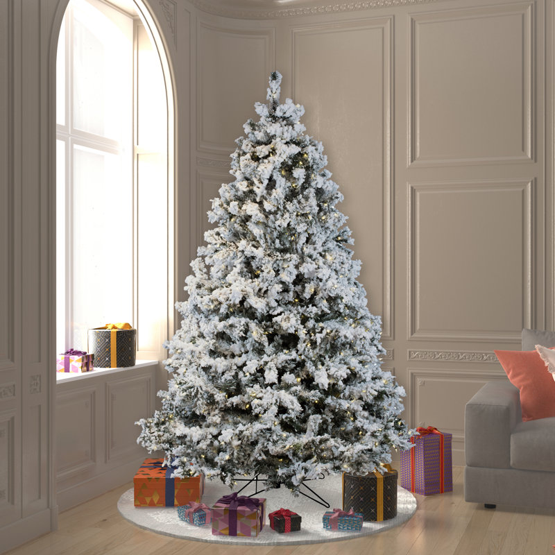 Flocked Alaskan 7.5' White Artificial Christmas Tree with 900 LED White Lights with Stand