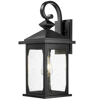 Grande lanterne murale d'extérieur de style campagne moderne avec verre ensemencé, finition noir mat