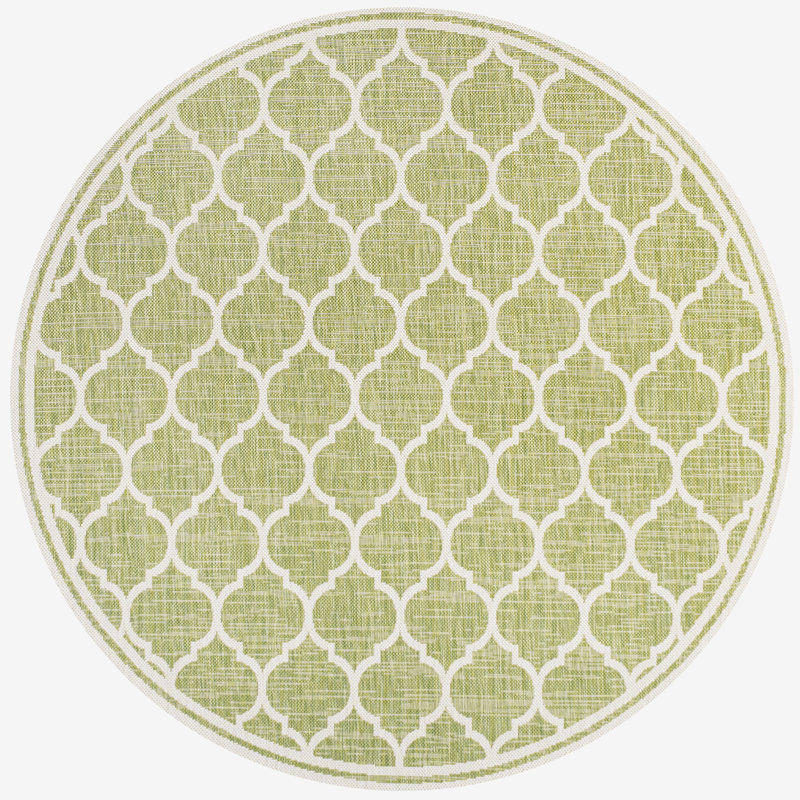 Trebol Moroccan Trellis Textured Weave Green/Cream Indoor/Outdoor Rug, Round 5'3"
