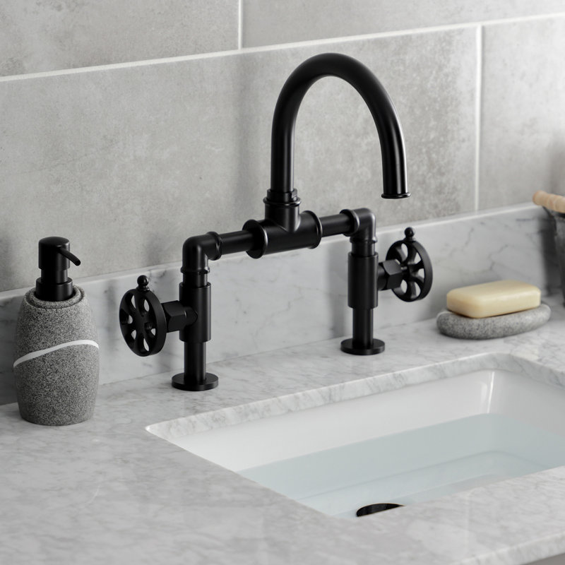 Kingston Brass Belknap Two-Handle 2-Hole Deck Mount Bridge Bathroom Faucet with Pop-Up Drain, Matte Black