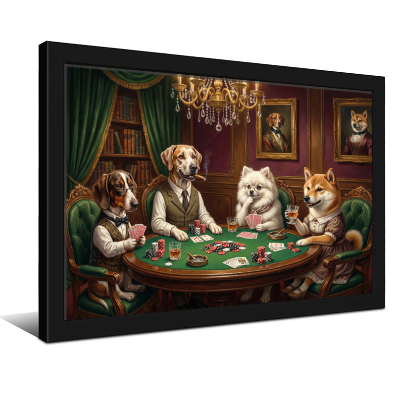 Animaux à la mode jouant au poker à table, H 12 po x l 18 po, Impression encadrée sans passe-partout, Grain de bois clair
