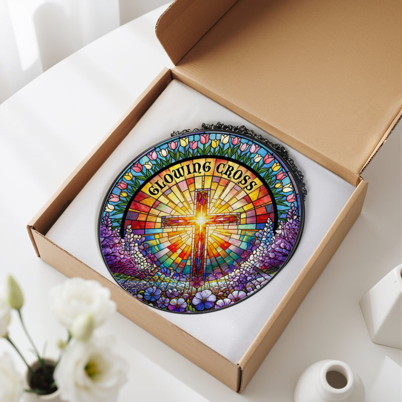 7.8"H Glowing Cross Stained Glass Window Panel, 7.8" H x 7.8" W
