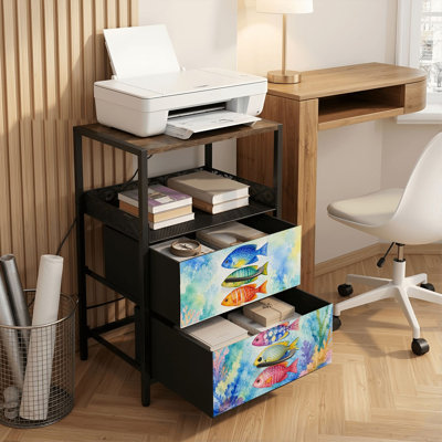 2 Drawers Nightstand with Charging Station, Bedroom Nightstand with USB Ports &amp; Outlets Open Shelf Black, night stand with Colorful Tropical Print