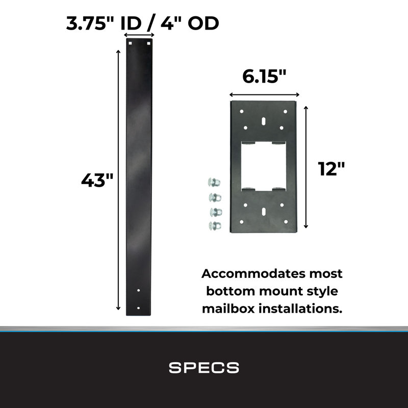 Mailbox Post and Mount | Galvanized Powder-Coated Steel Post and Universal Mounting Plate For Mailbox | Black (Mailbox not included)