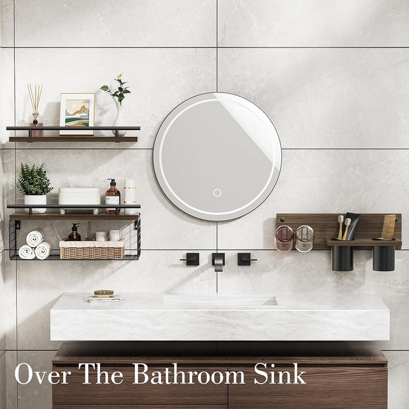 Ensemble de 3 tablettes flottantes de salle de bain avec support pour sèche-cheveux, tablettes de rangement murales en bois avec garde-corps, décor de ferme rustique