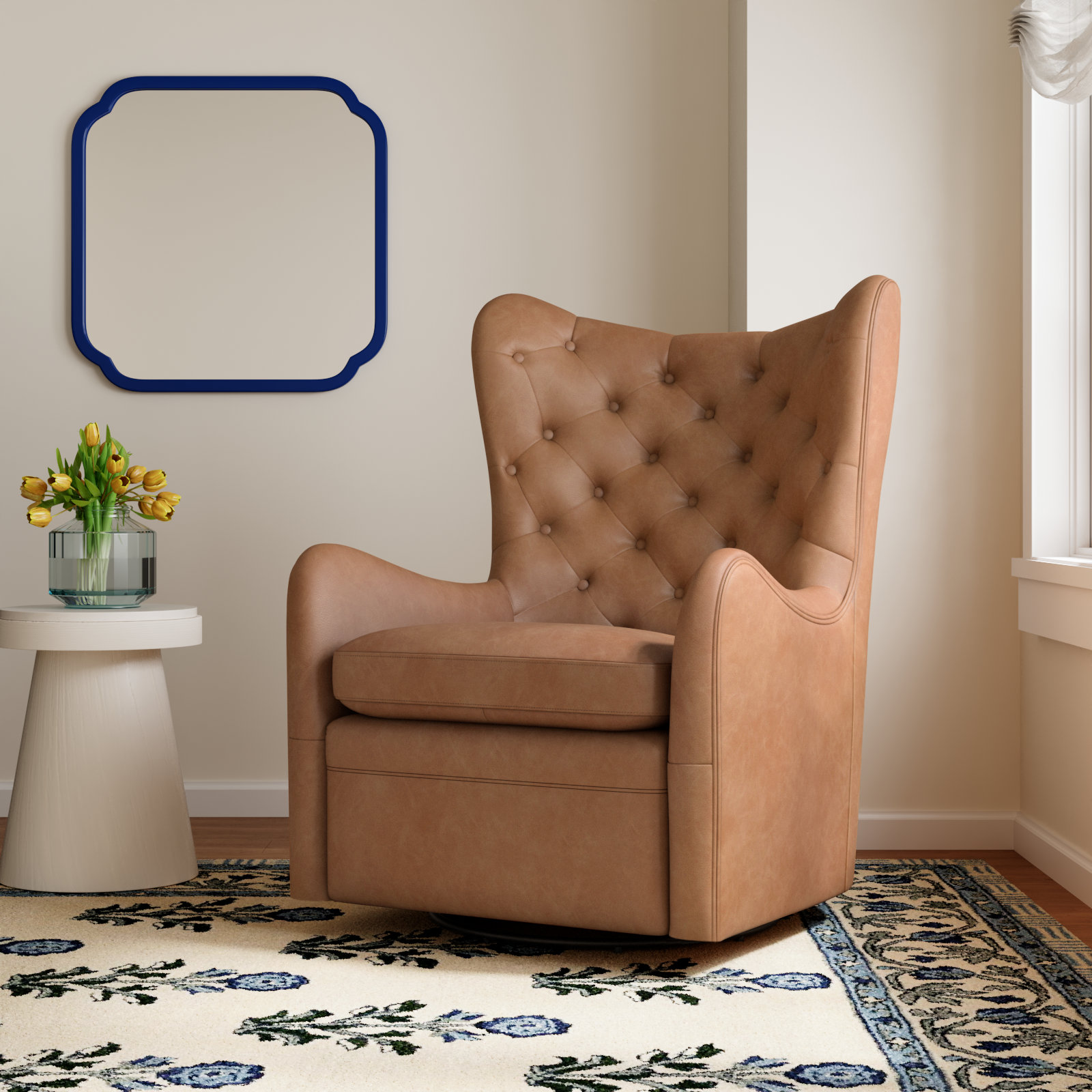 Waverly Pine Swivel Armchair, Copley Camel Faux Leather