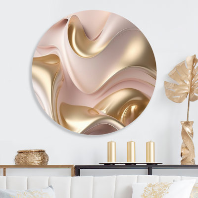 Subtle Sophistication In Exquisite Pink And Gold VI - Abstract Liquid ink Round Wall Art on Metal