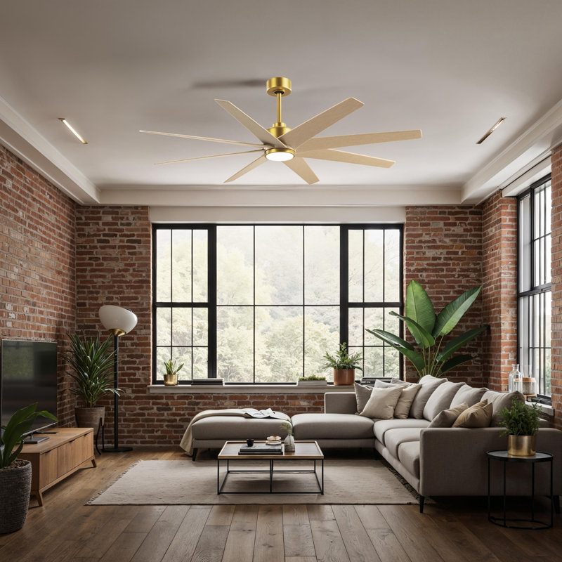 Ariella - Ventilateur de plafond à huit pales - DEL intégrée, Laiton brossé, Ton érable clair