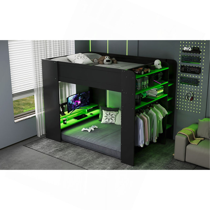 Lit superposé double en bois pleine grandeur avec bureau à hauteur réglable, garde-robe, grand espace de rangement et lumière RVB