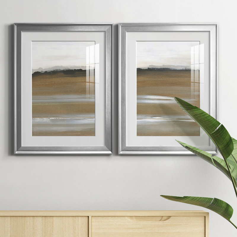 «Field of Gold I», ensemble de 2 reproductions d'art, Blanc, H 18,5 po x l 49 po x P 1,5 po, Papier avec cadre argenté