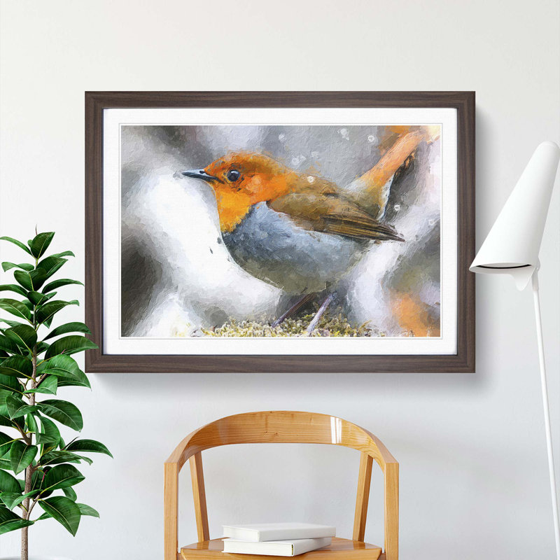 Charming Robin Bird - Picture Frame Painting Print, 36cm H x 48cm W x 2cm D, Walnut Framed