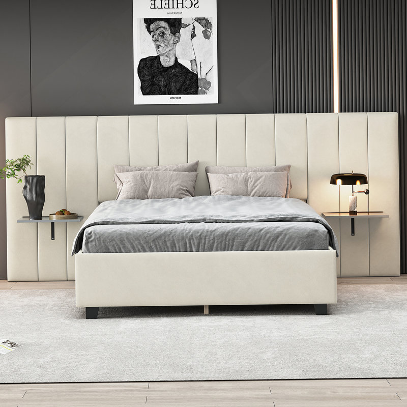Lit plateforme tapissier avec grande tête de lit, mobilier de chambre à coucher