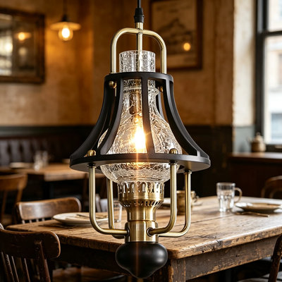 Farmhouse Chandelier Modern Hanging Light, Vintage Rustic Pendant Light Fixture with Crackle Glass Shade, Wood and Metal Cage Base for Living Room Dining Room Foyer Kitchen Island Bedroom Black Brass