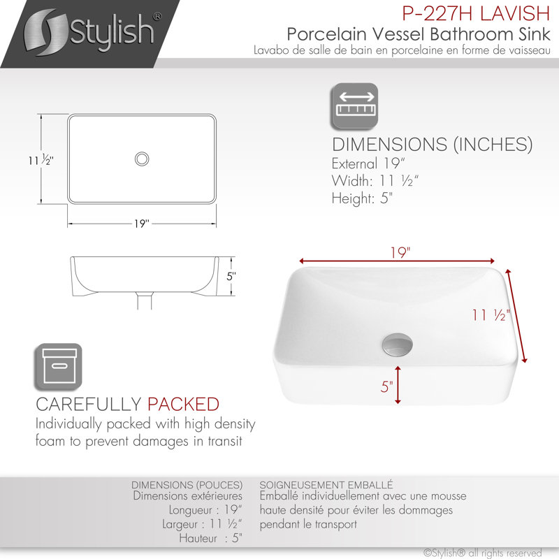 Elegant 19" White Ceramic Rectangular Vessel Bathroom Sink