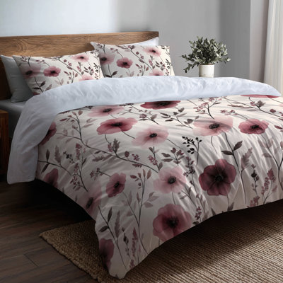 Country Farmhouse Bedding Set 5 Pcs - Floral Rose Meadow Duvet Cover And Throw Pillow Set