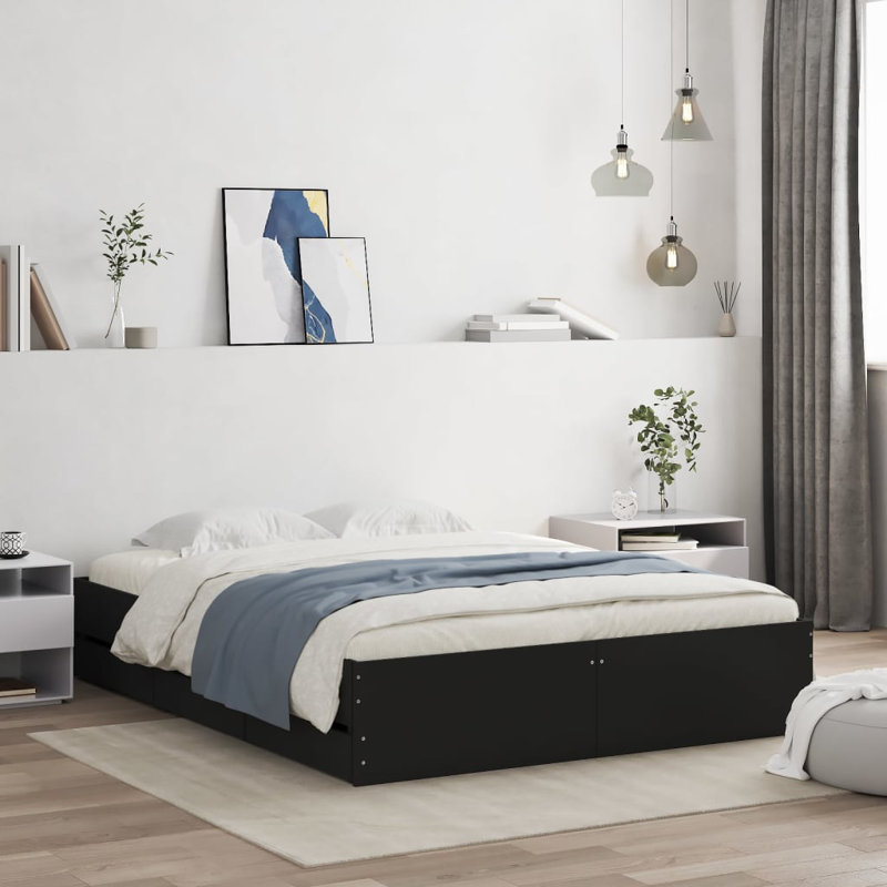 17 Stories Bed Frame With Drawers Double Engineered Wood, Black, EU Double - 140 x 200 cm
