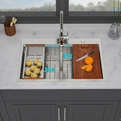 Évier de cuisine à montage sur comptoir Topmount - 36 po x 22 po x 10 po à double cuve (50/50), évier de cuisine de calibre 16 avec deux cuves profondes de 10 po, nickel brossé