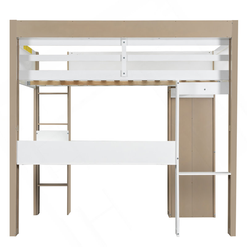 Lit mezzanine double en bois pleine grandeur avec tablettes de rangement intégrées, portemanteaux et bureau, blanc + naturel