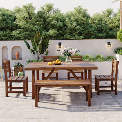 Ensemble repas d'extérieur en bois d'acacia de haute qualité (1 table, 1 banc, 4 chaises) - Idéal pour la terrasse, le balcon, la cour
