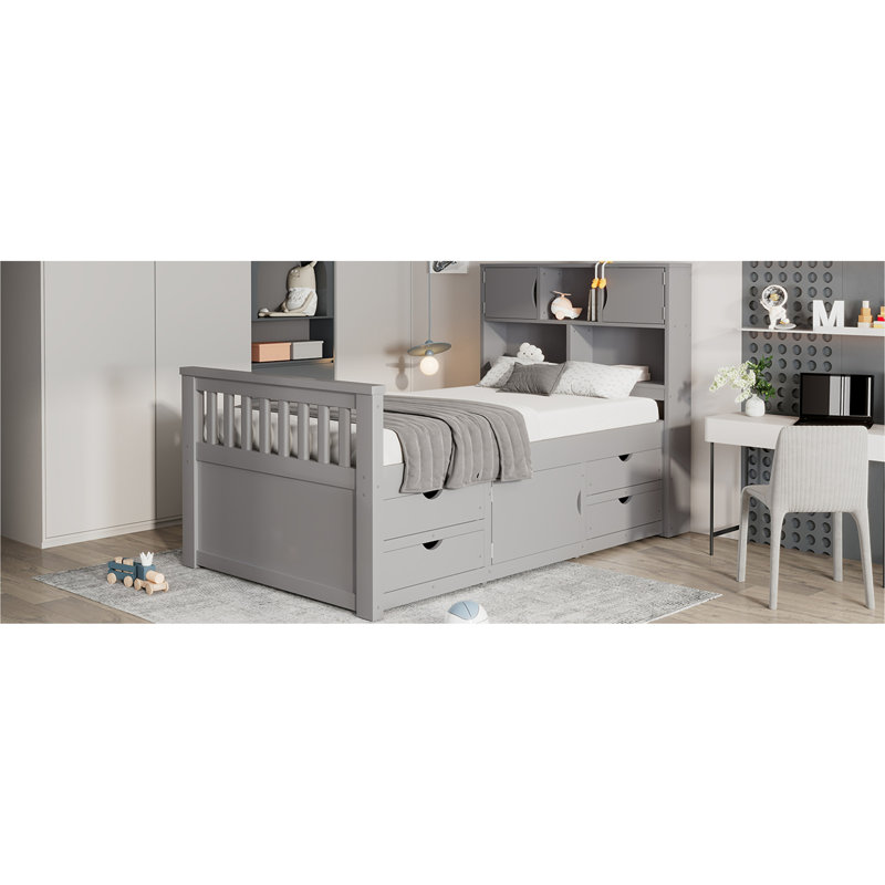 Lit plateforme simple gris avec rangement pour bibliothèque et 4 tiroirs, Gris