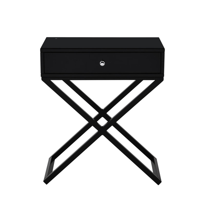 Table de chevet noire en bois avec plateau en verre de 23 po, tiroir et base en métal