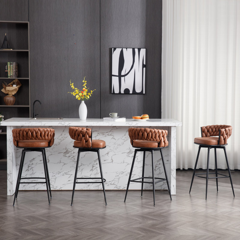 Whiskey Brown Leather Swivel Bar Stools with Steel Frame, Set of 2