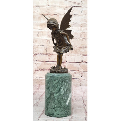 Byrine Young Fairy Angel Girl Child Bronze Sculpture Figure On Green Marble Base