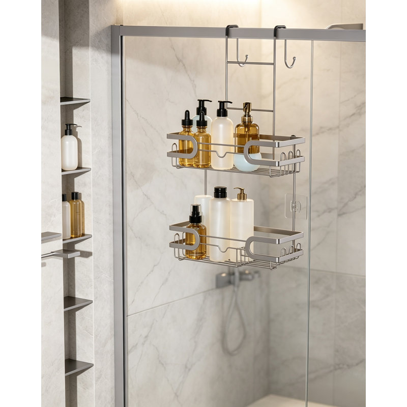 Over the Door Shower Caddy, Hanging Organizer with 14 Hooks & Soap Holder, Rustproof Stainless Steel Bathroom Shelf, Silver