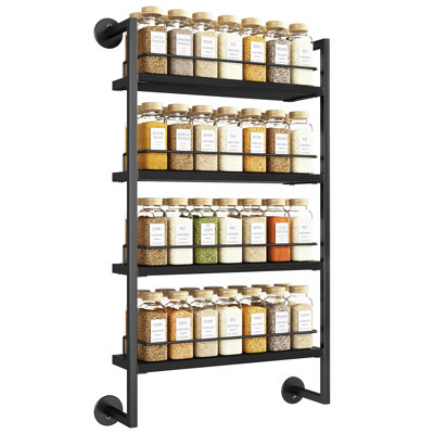 4 Tier Spice Rack Wall Mount for Kitchen, Hanging Seasoning Organizer Large Spice Rack for Wall Spice Organization, (Black)